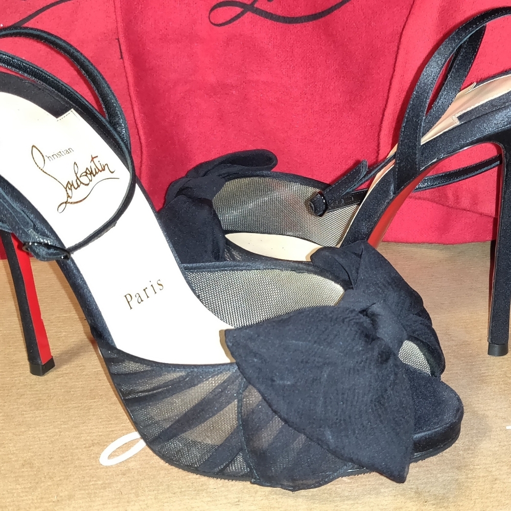 Christian Louboutin 5 inch Black Satin and Chiffon